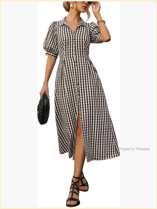 Dresses & Skirts - Gingham Puff Sleeve Button Down Midi Dress with Slit Hemline